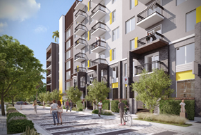 Miami apartment for rent - A modern apartment complex with balconies and a pedestrian walkway in front.