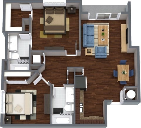 Floor plan for 2 beds, 2 baths, 1053 sqft