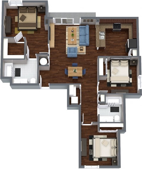 Floor plan for 3 beds, 2 baths, 1324 sqft