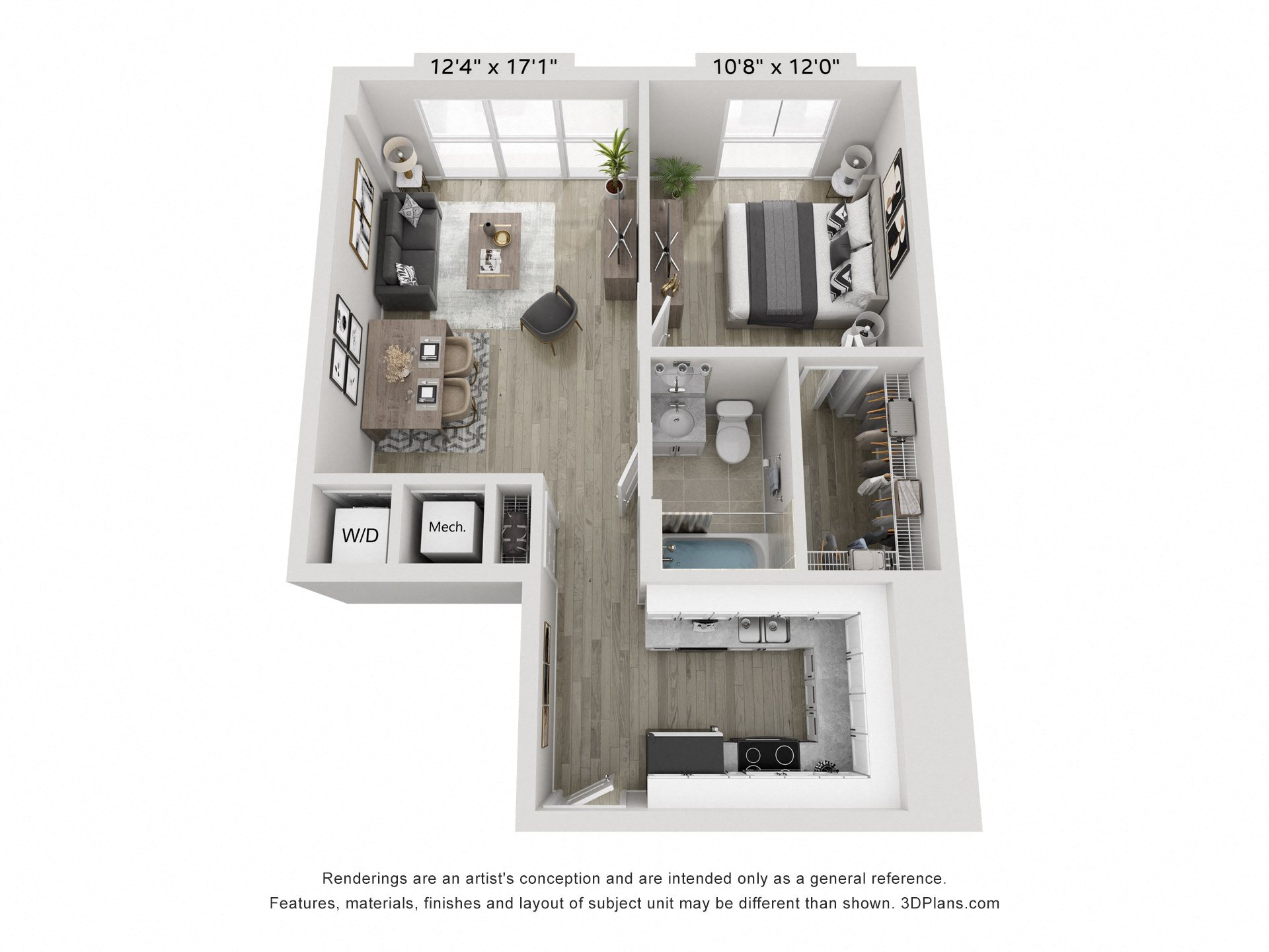 Floor plan for 1 bed, 1 bath, 629 sqft