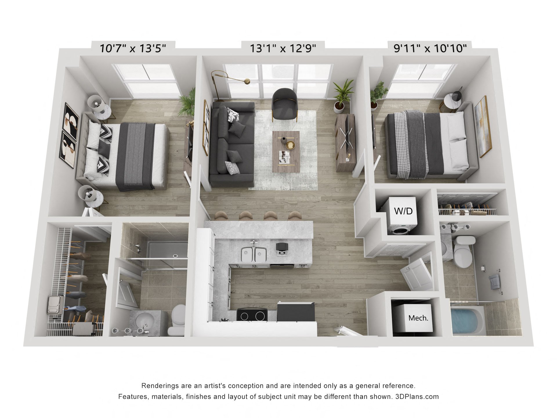 Floor plan for 2 beds, 2 baths, 808 sqft