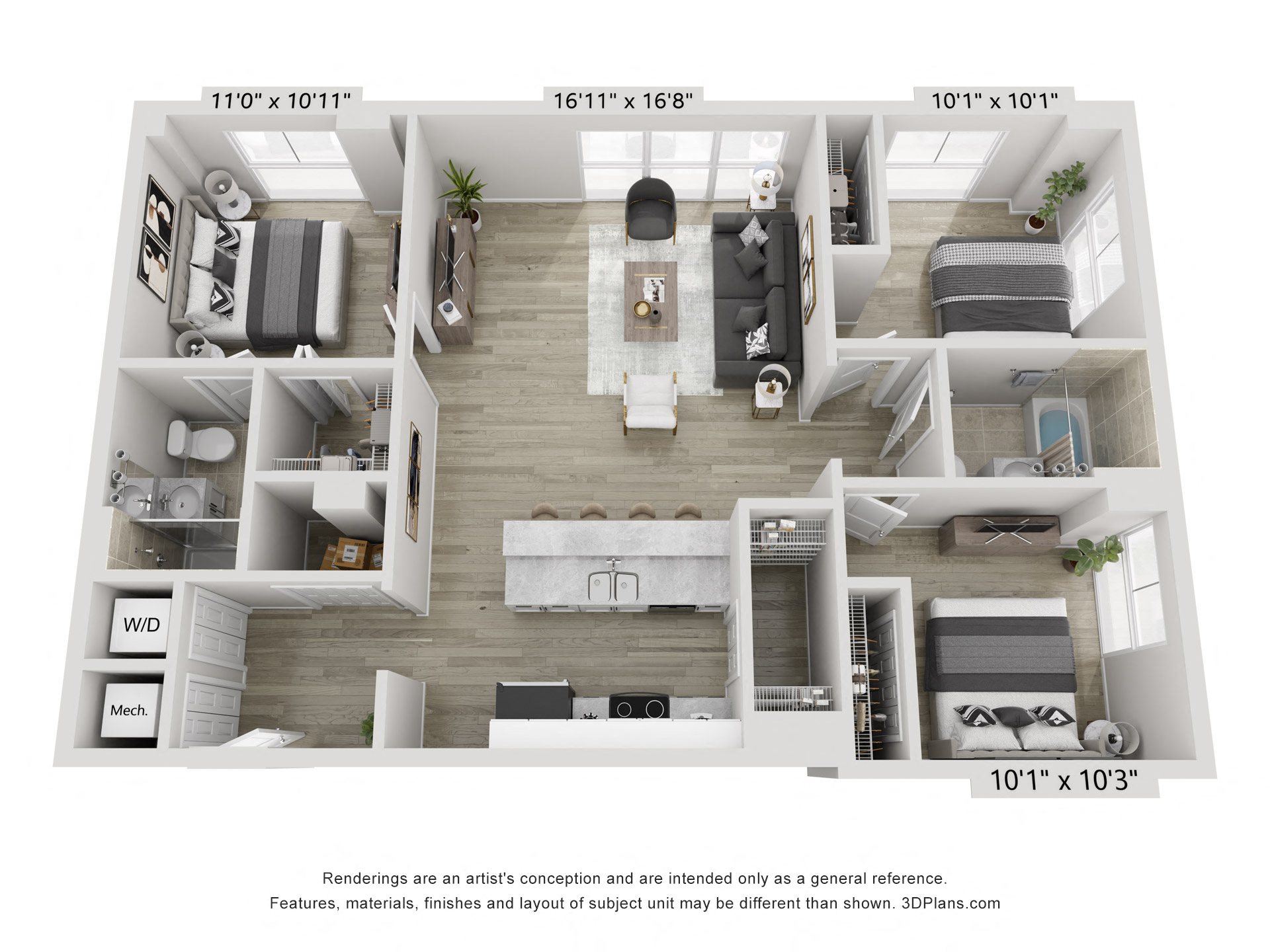 Floor plan for 3 beds, 2 baths, 1088 sqft