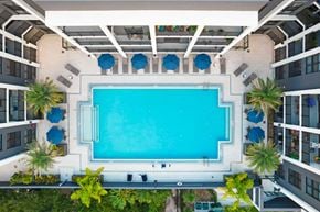 Fort Lauderdale apartment for rent - an overhead view of a swimming pool with blue umbrellas and palm trees
