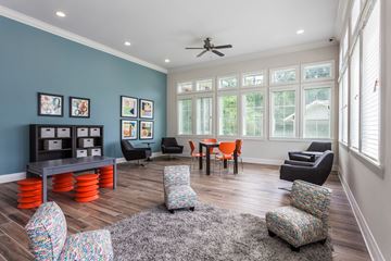 Brooksville apartment for rent - A living room with a grey rug and a ceiling fan.