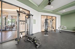 Hollywood apartment for rent - A gym with a variety of equipment including a treadmill, weights, and a bench press.