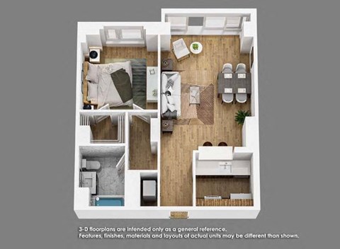 Floor plan for 1 bed, 1 bath, 678 sqft