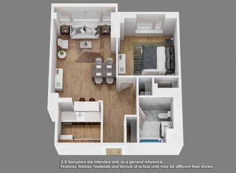 Floor plan for 1 bed, 1 bath, 717 sqft