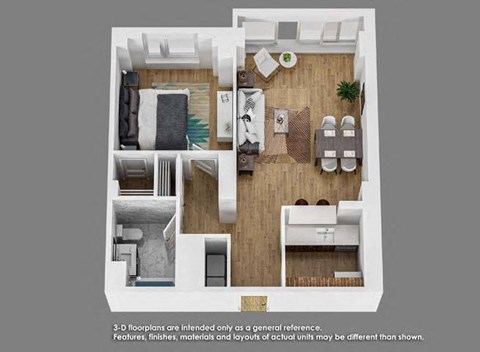 Floor plan for 1 bed, 1 bath, 723 sqft