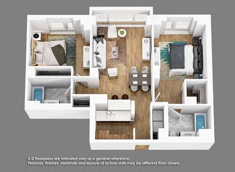 Floor plan for 2 beds, 2 baths, 954 sqft