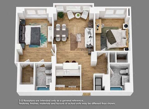 Floor plan for 2 beds, 2 baths, 1057 sqft