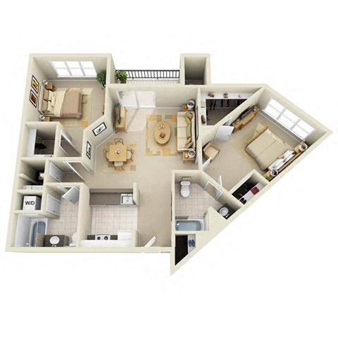 Floor plan for 2 beds, 2 baths, 1057 sqft