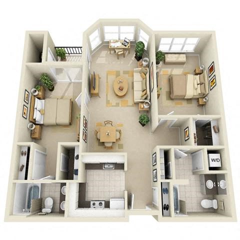 Floor plan for 2 beds, 2 baths, 1177 sqft