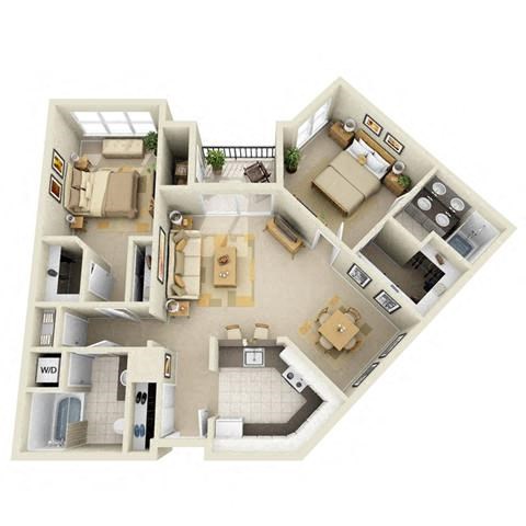 Floor plan for 2 beds, 2 baths, 1136 sqft