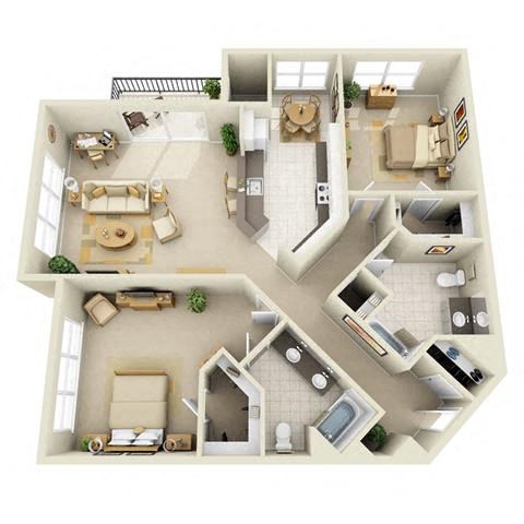 Floor plan for 2 beds, 2 baths, 1255 sqft