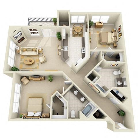 Floor plan for 2 beds, 2 baths, 1279 sqft