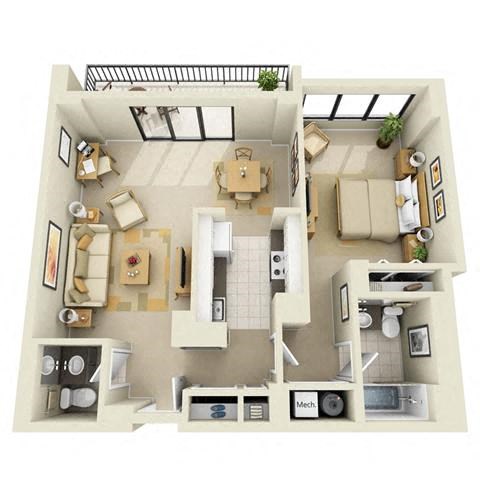 Floor plan for 1 bed, 1.5 baths, 987 sqft