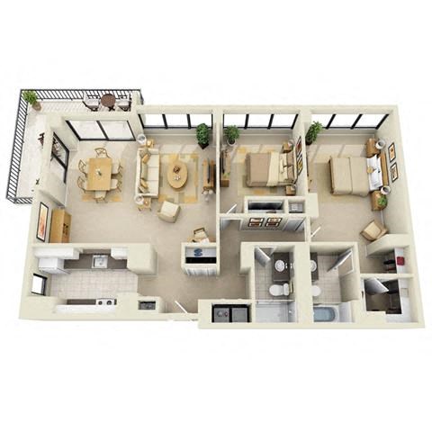 Floor plan for 2 beds, 2 baths, 1336 sqft