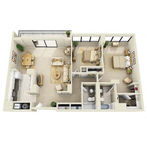 Floor plan for 2 beds, 2 baths, 1280 sqft
