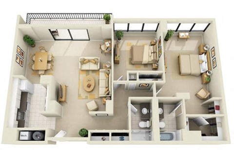 Floor plan for 2 beds, 2 baths, 1422 sqft