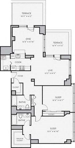 Floor plan for 2 beds, 2 baths, 1401 sqft