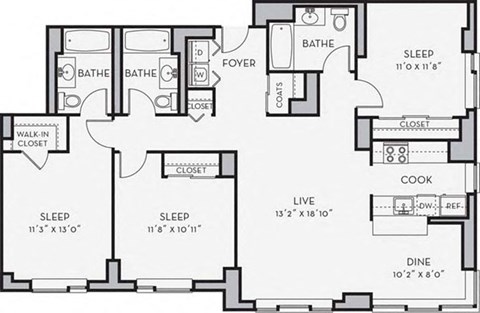 Floor plan for 3 beds, 3 baths, 1308 sqft