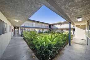 Van Nuys apartment for rent - A courtyard with a green lawn and plants.