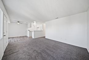 Hemet apartment for rent - A spacious room with a ceiling fan and carpeted floor.