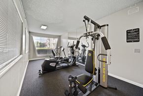 Panorama City apartment for rent - A gym with a rowing machine, a stationary bike, and a weight machine.