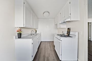 Van Nuys apartment for rent - A white kitchen with a sink, stove, and cabinets.