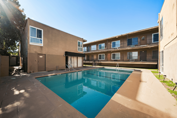 North Hills apartment for rent - A swimming pool in a courtyard surrounded by buildings.
