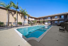 Van Nuys apartment for rent - A swimming pool surrounded by palm trees and a building.