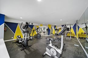 North Hollywood apartment for rent - A gym with exercise equipment and mirrors.