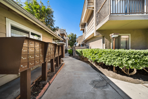 Fontana apartment for rent - A row of houses with a concrete walkway between them.
