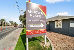 Las Vegas apartment for rent - A sign for Andover Place Apartment Homes with a leasing office phone number.