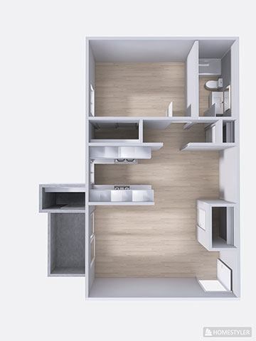 Floor plan for 1 bed, 1 bath, 680 sqft