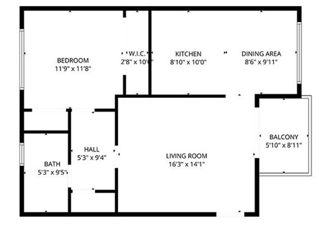 Floor plan for 1 bed, 1 bath, 850 sqft