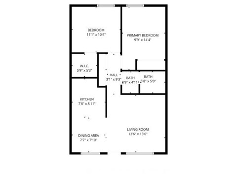 Floor plan for 2 beds, 1 bath, 950 sqft