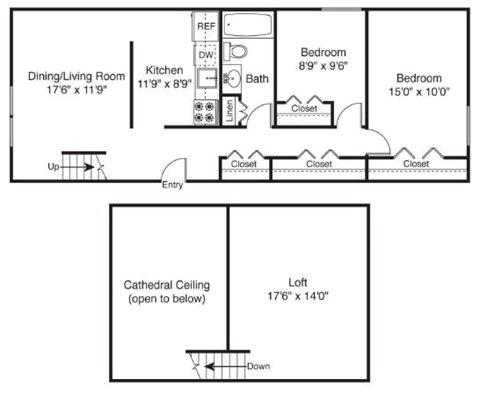 Floor plan for 2 beds, 1 bath, 1126 sqft