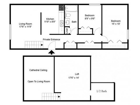 Floor plan for 2 beds, 1.5 baths, 1423 sqft