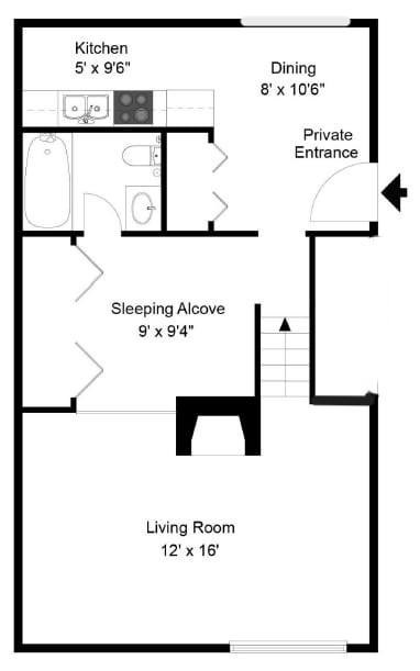 Floor plan for studio, 1 bath, 602 sqft