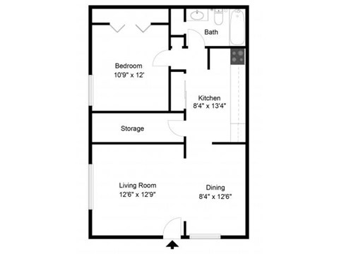 Floor plan for 1 bed, 1 bath, 626 sqft