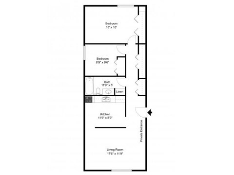 Floor plan for 2 beds, 1 bath, 735 sqft