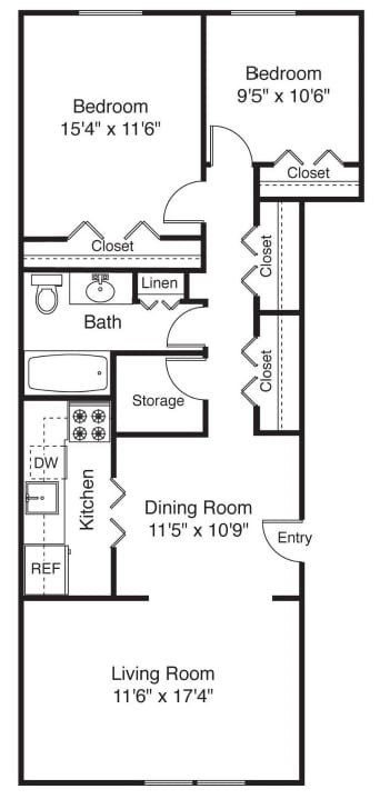 Floor plan for 2 beds, 1 bath, 920 sqft