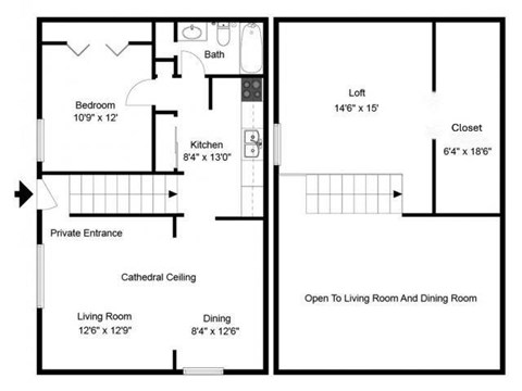 Floor plan for 1 bed, 1 bath, 972 sqft