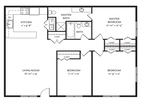 Floor plan for 3 beds, 1.5 baths, 1125 sqft