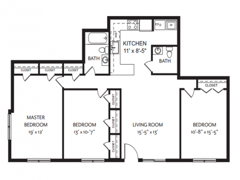 Floor plan for 3 beds, 2 baths, 1114 sqft
