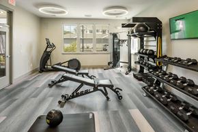 Freeport apartment for rent - A gym with a row of dumbbells on the right and a row of exercise machines on the left.
