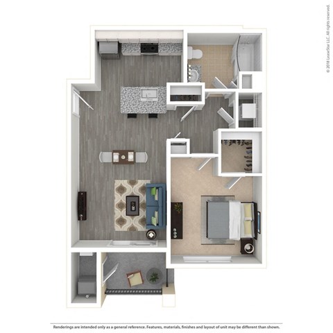 Floor plan for 1 bed, 1 bath, 734 sqft