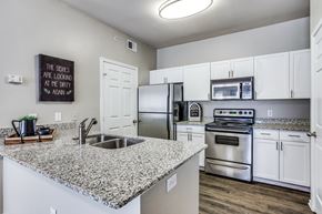 Westworth Village apartment for rent - a kitchen with granite counter tops and stainless steel appliances at Village of Hawks Creek Apartments, Westworth Village, TX 76114