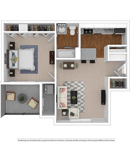 Floor plan for 1 bed, 1 bath, 557 sqft